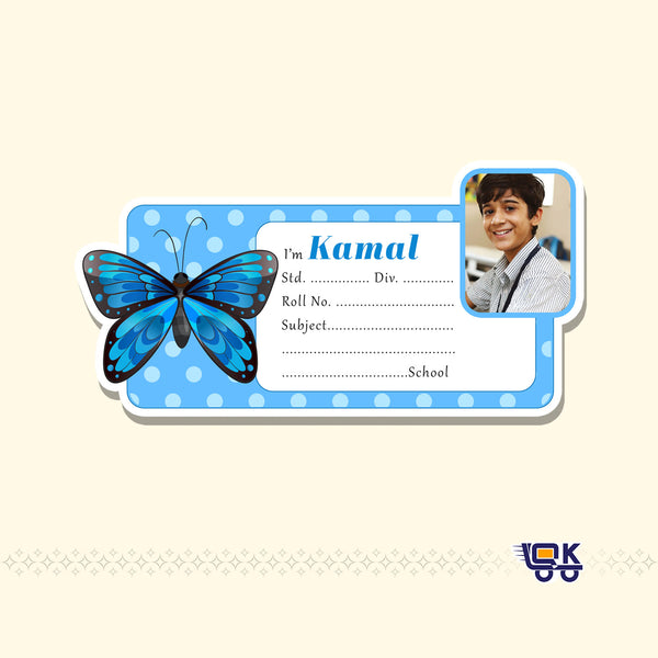 Personalized Blue Butterfly Photo Name Slips for Kids | Custom School Notebook Labels (24 pcs Pack)