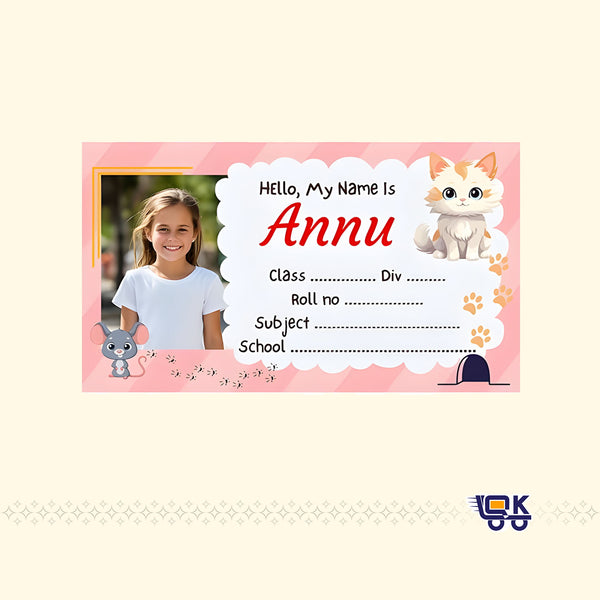 Personalized Cute Cat Theme Name Slips with Photo | Kids School Labels Stickers 36 Pcs Pack