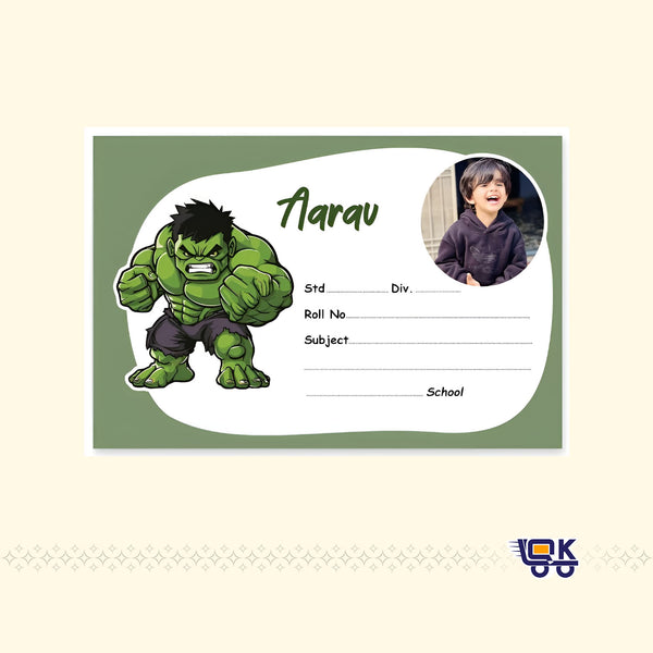 Personalized Hulk Theme Name Slips with Photo | Kids School Labels Stickers 36 Pcs Pack