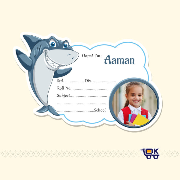 Personalized Shark Theme Name Slips with Photo | Kids School Labels Stickers (24 Pcs Pack)