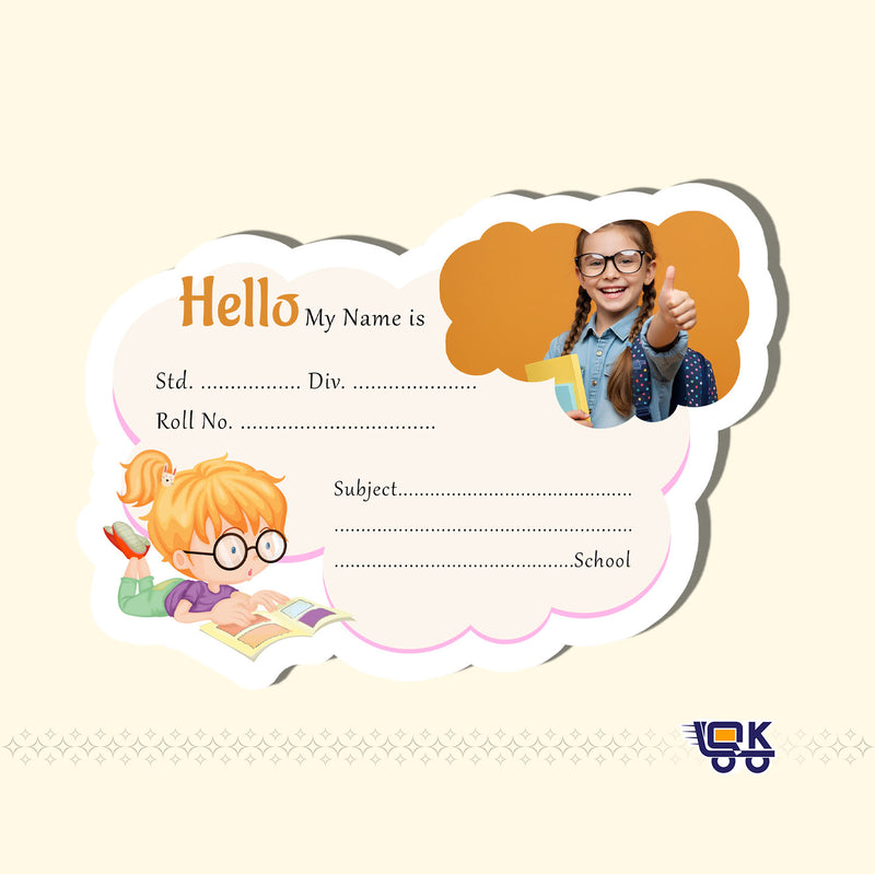 Personalized Study Theme Kids Name Slips with Photo | Cute Reading Girl Notebook Labels for School (24 pcs Pack)