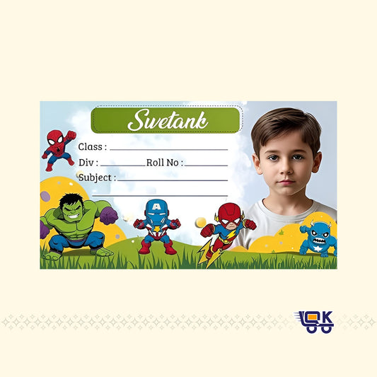Personalized Superhero Theme Name Slips with Photo | Kids School Label Stickers (36 Pcs Pack)