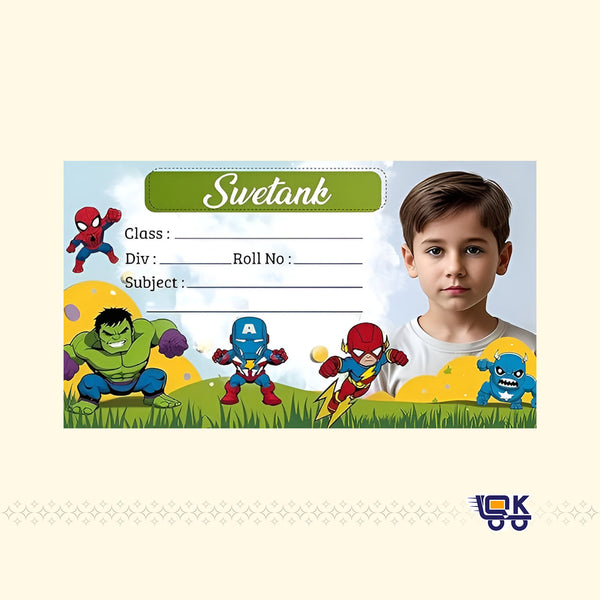 Personalized Superhero Theme Name Slips with Photo | Kids School Label Stickers (36 Pcs Pack)