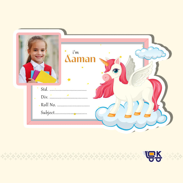 Personalized Unicorn Name Slips with Photo | Cute School Notebook Labels for Kids (24 pcs Pack)