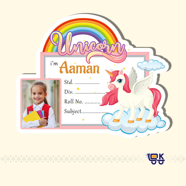 Personalized Unicorn Rainbow Name Slips for Kids with Photo | Cute School Notebook Labels for Girls (24 pcs Pack)